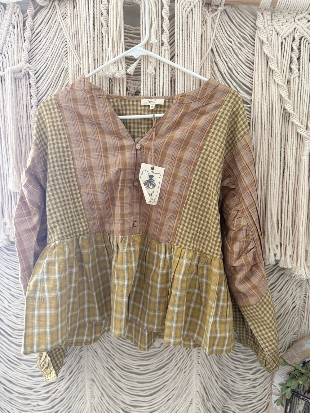 Easel brand| Plaid Mixed-Patch Peplum Tunic - Brown & Olive